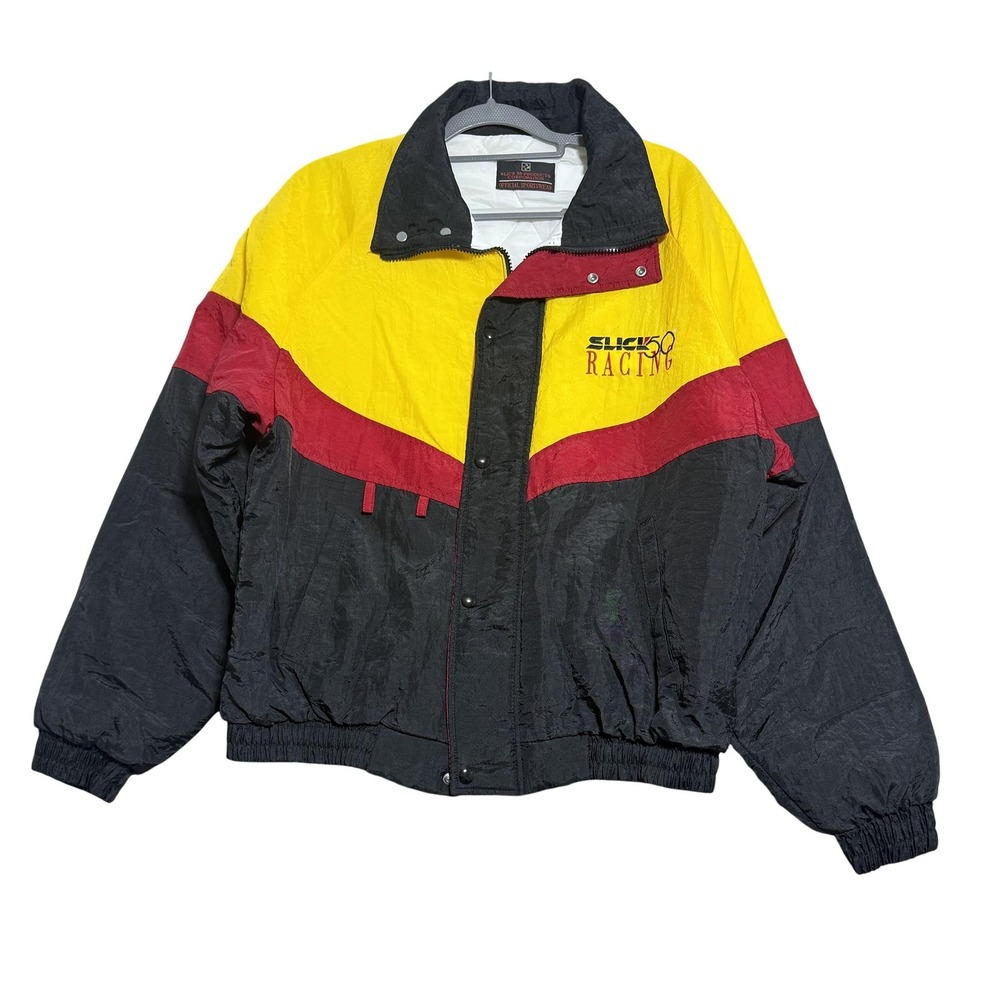 Vintage Slick 50 Racing Jacket Mens Black Red Yellow Colorblock Embroidered 90s